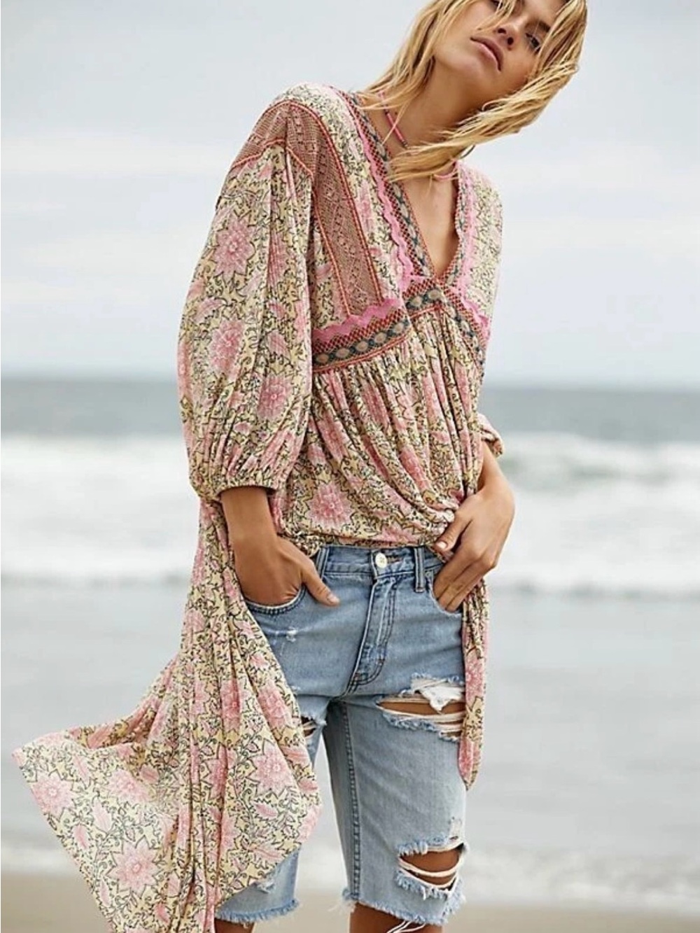 Free People Moon Child Maxi Top Large Ivory Pink Floral Crochet Boho Tunic